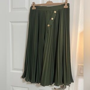 Reiss Olive Green Pleated Midi Skirt with Gold Buttons – Size US 10